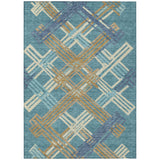 3' X 5' Teal Blue And Beige Geometric Washable Indoor Outdoor Area Rug