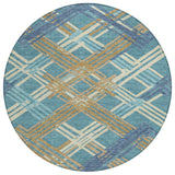 8' Teal Blue And Beige Round Geometric Washable Indoor Outdoor Area Rug