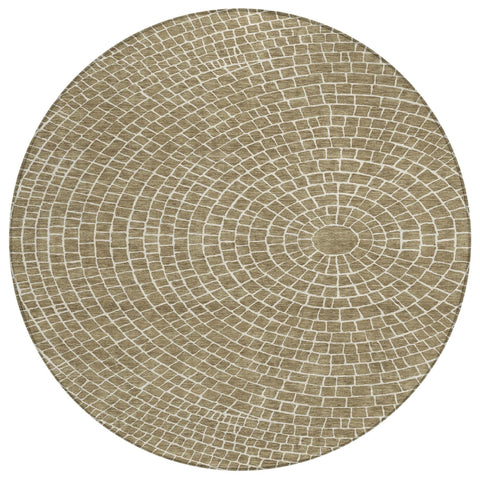8' Coffee And Ivory Round Geometric Washable Indoor Outdoor Area Rug