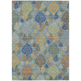 3' X 5' Teal Blue And Navy Blue Damask Washable Indoor Outdoor Area Rug