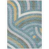 3' X 5' Teal Blue And Gold Abstract Washable Indoor Outdoor Area Rug