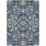 8' X 10' Navy Blue And Wheat Floral Medallion Washable Indoor Outdoor Area Rug