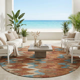 8' Orange And Teal Blue Round Abstract Washable Indoor Outdoor Area Rug