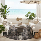 8' Black And Charcoal Round Damask Washable Indoor Outdoor Area Rug