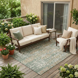 5' X 8' Green And Sage Damask Washable Indoor Outdoor Area Rug