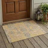 3' X 5' Gold And Brown Damask Washable Indoor Outdoor Area Rug