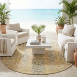 8' Gold And Brown Round Damask Washable Indoor Outdoor Area Rug