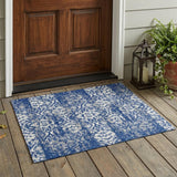 3' X 5' Navy Blue And Blue Damask Washable Indoor Outdoor Area Rug