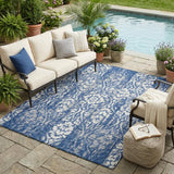 5' X 8' Navy Blue And Blue Damask Washable Indoor Outdoor Area Rug