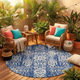 8' Navy Blue And Blue Round Damask Washable Indoor Outdoor Area Rug