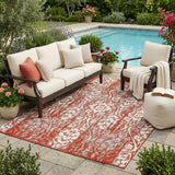 5' X 8' Red And Burgundy Damask Washable Indoor Outdoor Area Rug