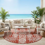 8' Red And Burgundy Round Damask Washable Indoor Outdoor Area Rug