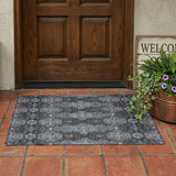 3' X 5' Black And Navy Blue Floral Washable Indoor Outdoor Area Rug