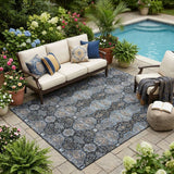 5' X 8' Black And Navy Blue Floral Washable Indoor Outdoor Area Rug