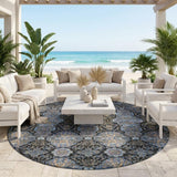 8' Black And Navy Blue Round Floral Washable Indoor Outdoor Area Rug