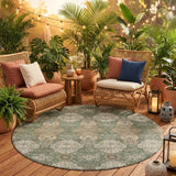 8' Green And Brown Round Floral Washable Indoor Outdoor Area Rug