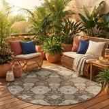 8' Chocolate And Brown Round Floral Washable Indoor Outdoor Area Rug