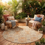 8' Copper And Gold Round Floral Washable Indoor Outdoor Area Rug