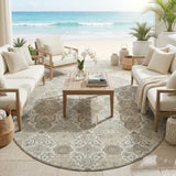 8' Ivory And Brown Round Floral Washable Indoor Outdoor Area Rug