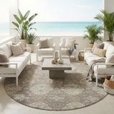 8' Brown And Copper Round Floral Washable Indoor Outdoor Area Rug