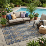 5' X 8' Navy Blue And Gray Floral Washable Indoor Outdoor Area Rug