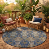 8' Navy Blue And Gray Round Floral Washable Indoor Outdoor Area Rug
