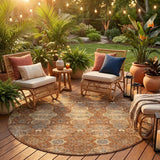 8' Orange And Copper Round Floral Washable Indoor Outdoor Area Rug