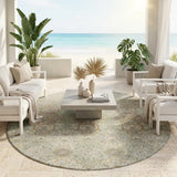 8' Sage And Green Round Floral Washable Indoor Outdoor Area Rug