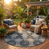 8' Black And Blue Round Floral Washable Indoor Outdoor Area Rug