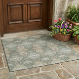 3' X 5' Green And Silver Floral Washable Indoor Outdoor Area Rug