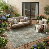 5' X 8' Green And Silver Floral Washable Indoor Outdoor Area Rug