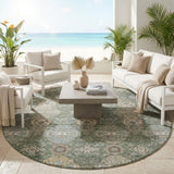 8' Green And Silver Round Floral Washable Indoor Outdoor Area Rug