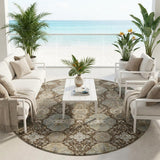 8' Chocolate And Brown Round Floral Washable Indoor Outdoor Area Rug