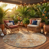 8' Copper And Orange Round Floral Washable Indoor Outdoor Area Rug