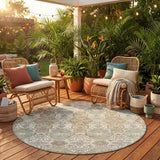 8' Ivory And Brown Round Floral Washable Indoor Outdoor Area Rug