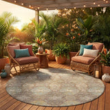 8' Brown And Sage Round Floral Washable Indoor Outdoor Area Rug