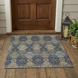 3' X 5' Navy Blue And Gray Floral Washable Indoor Outdoor Area Rug
