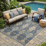 5' X 8' Navy Blue And Gray Floral Washable Indoor Outdoor Area Rug