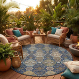 8' Navy Blue And Gray Round Floral Washable Indoor Outdoor Area Rug
