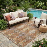 5' X 8' Orange And Copper Floral Washable Indoor Outdoor Area Rug