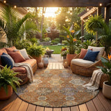 8' Orange And Copper Round Floral Washable Indoor Outdoor Area Rug