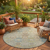 8' Sage And Green Round Floral Washable Indoor Outdoor Area Rug