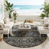 8' Black And Charcoal Round Floral Medallion Washable Indoor Outdoor Area Rug