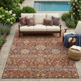 5' X 8' Burgundy And Orange Floral Medallion Washable Indoor Outdoor Area Rug
