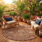 8' Burgundy And Orange Round Floral Medallion Washable Indoor Outdoor Area Rug