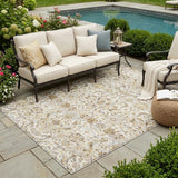 5' X 8' Ivory And Beige Floral Medallion Washable Indoor Outdoor Area Rug