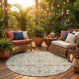 8' Ivory And Beige Round Floral Medallion Washable Indoor Outdoor Area Rug