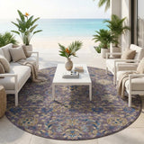 8' Purple And Plum Round Floral Medallion Washable Indoor Outdoor Area Rug