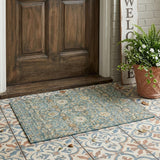 3' X 5' Teal Blue And Brown Floral Medallion Washable Indoor Outdoor Area Rug