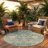 8' Teal Blue And Brown Round Floral Medallion Washable Indoor Outdoor Area Rug